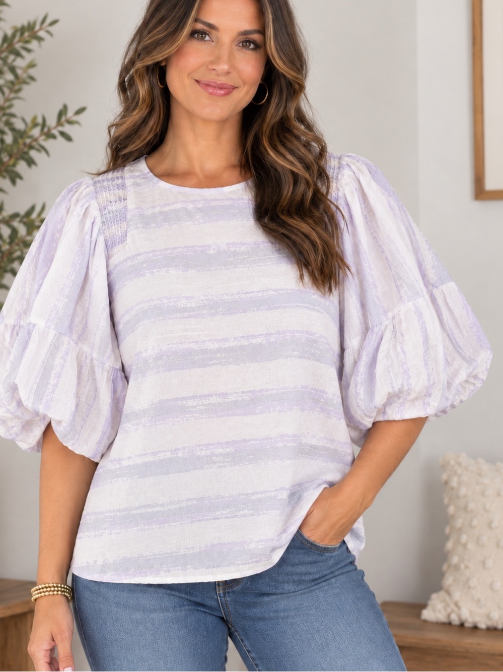 entro Lavender and Light Gray Striped Puff-Sleeve blouse
